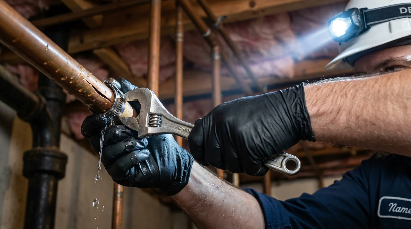 Emergency pipe clamp repair being performed by a Johns Plumbing LLC plumber in Wheatland